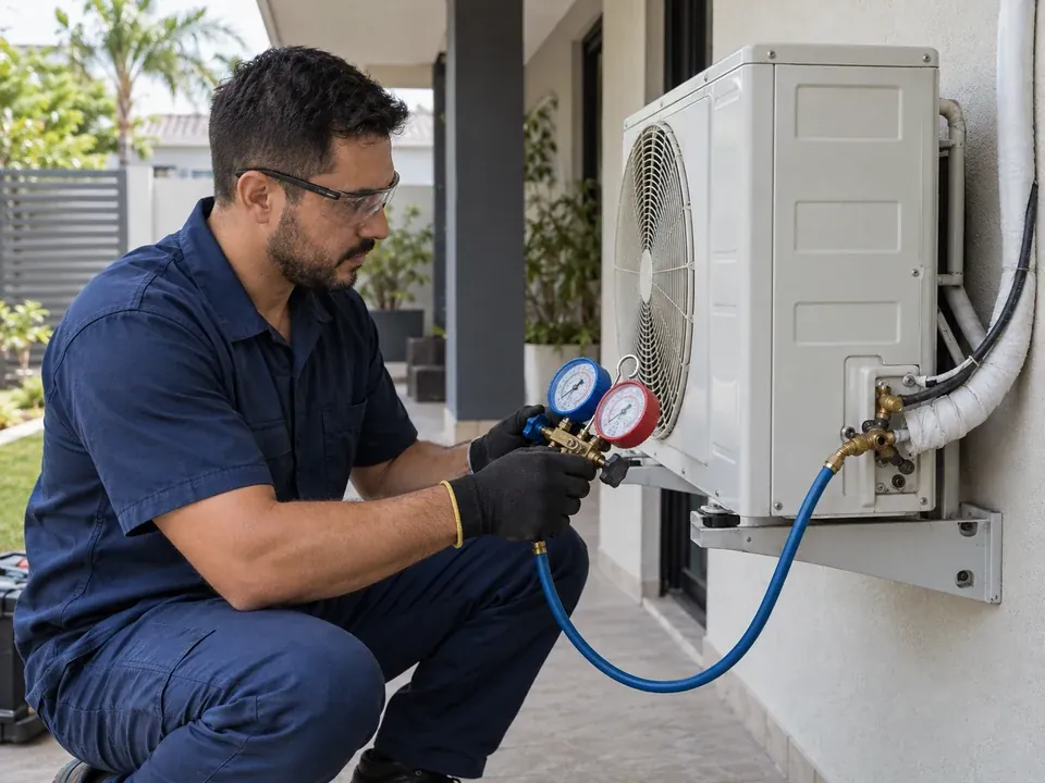 Técnico com instrumento de pressão conectado à unidade externa de um split para recolher o gás